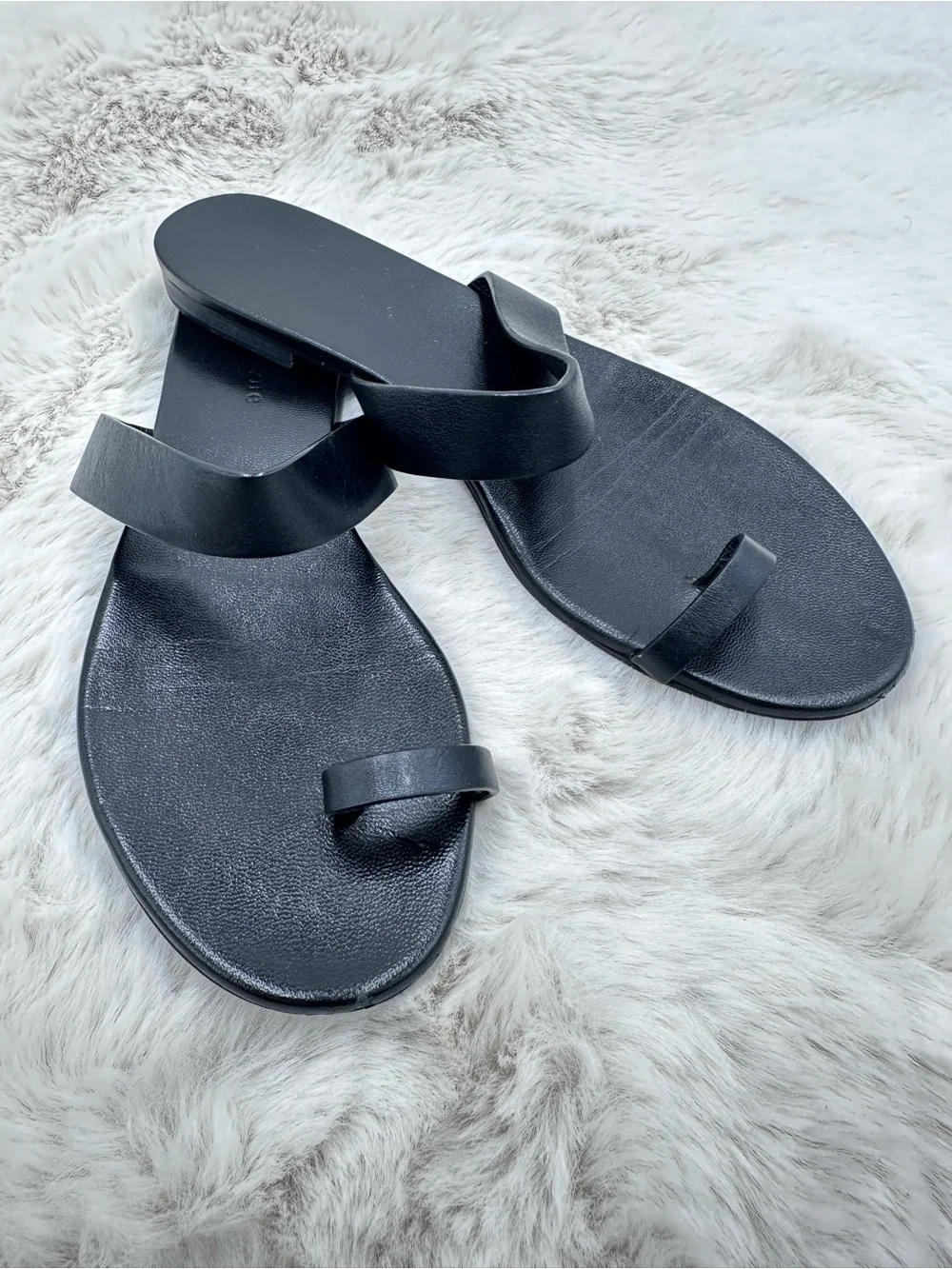 Jenni Kayne The Leather Strap Sandals Toe Post Flats Black Women's 39 US 9